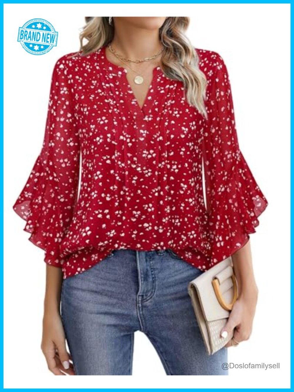 Timeson Women's 3/4 Ruffle Sleeve Pleated Henley V-Neck Chiffon Blouse